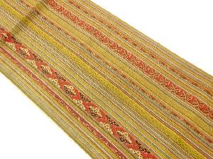 手織り紬縞に幾何学模様織出し全通袋帯